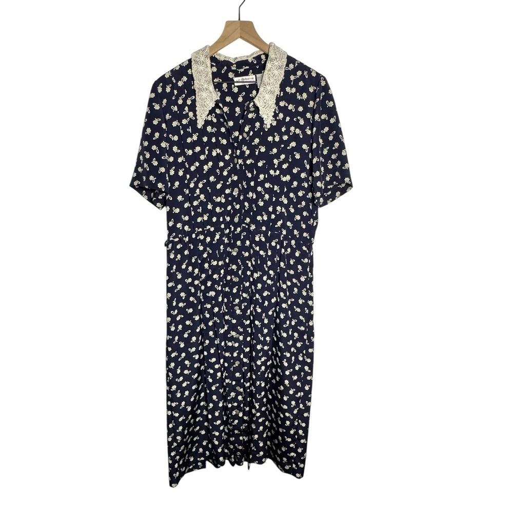 Vintage Liz Claiborne Midi Front Button Dress Blue Pattern Lace Collar Size 10